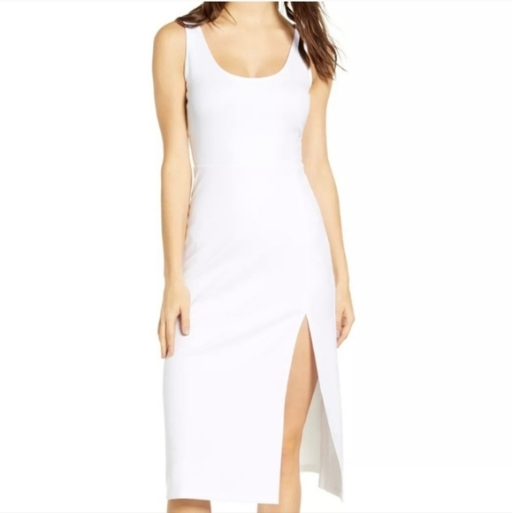 Leith Nordstrom White Scoop Neck Midi Dress Bodycon Slit Stretch Bride Classic L - Picture 10 of 10